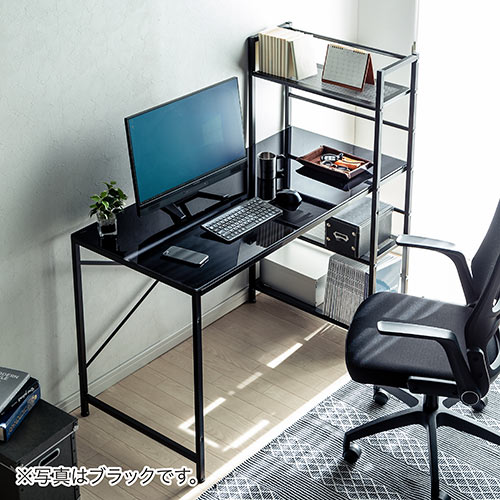 シェルフ付パソコンデスク（ガラス天板・ホワイト） EZ1-DESK084W
