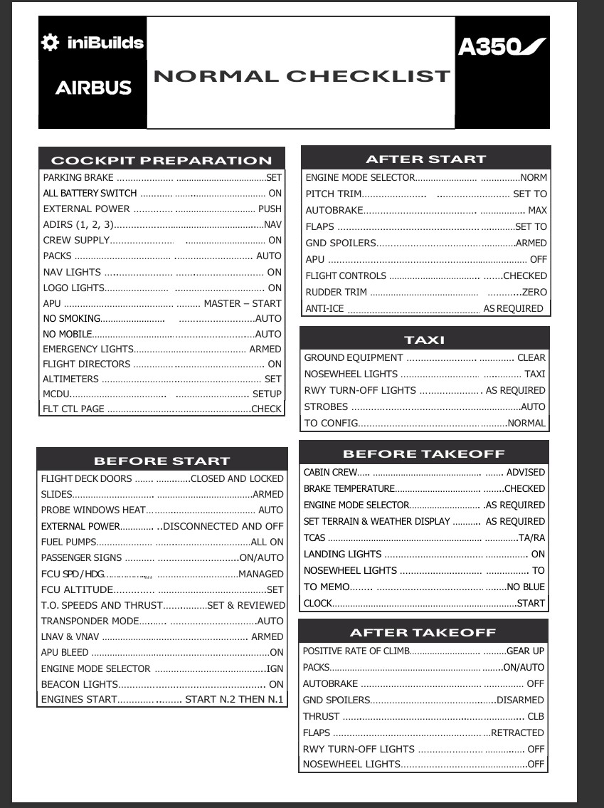 Checklists for iniBuilds A350 Airliner on Microsoft Flight Simulator
