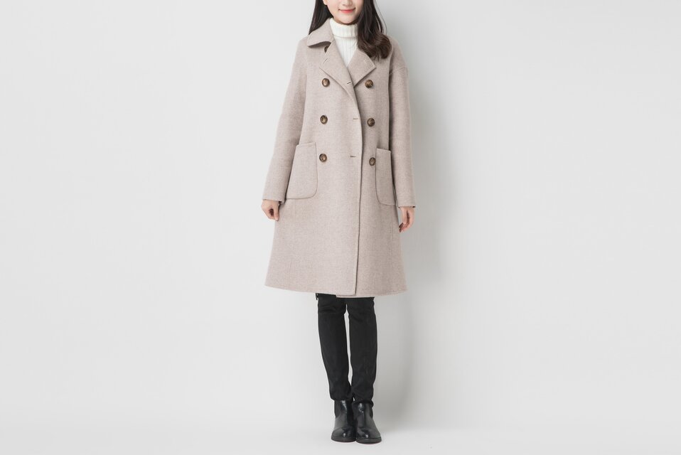 カシミヤ混素材 ダブルフェイス 優雅なダブルブレストコート