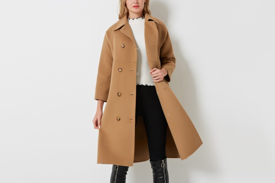 カシミヤ混素材 ダブルフェイス レトロ風ダブルボタン ゆったりロング