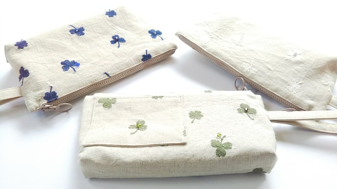 ポーチ クローバー刺繍 グリーン | iichi 日々の暮らしを心地よくする