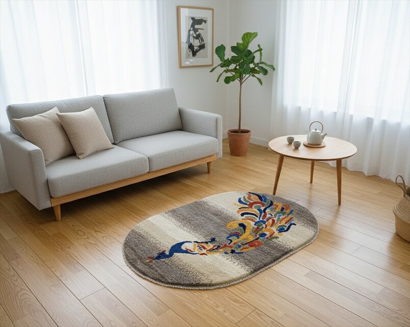 夏のキャンペーン】ペルシャ ギャッベ 玄関 90×60 アイボリー 孔雀 夏