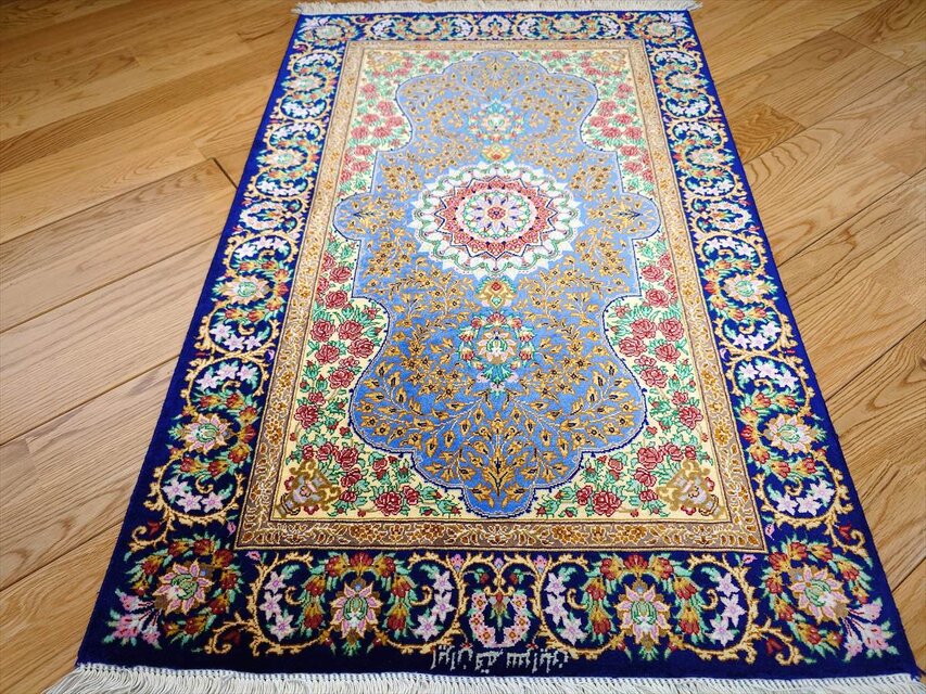 ペルシャ絨毯クム産シルク サラヤン工房 玄関マット 92x60㎝ ブルー