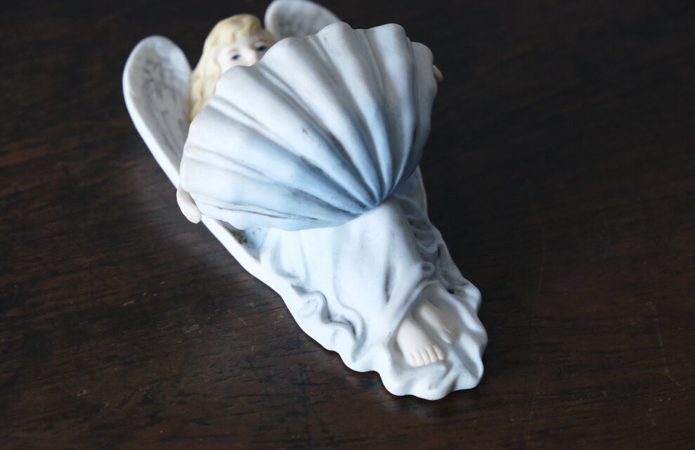 ビスク製 天使 ベニティエ 聖水盤 水色 フランス アンティーク 0502291