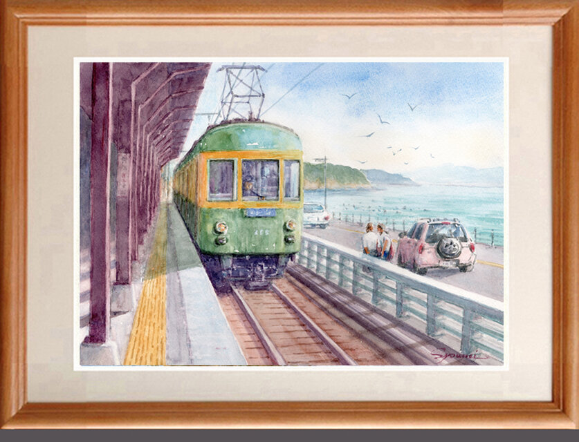 水彩画原画 江ノ電・鎌倉高校前駅と七里ガ浜の海 ＃669 | iichi 日々の