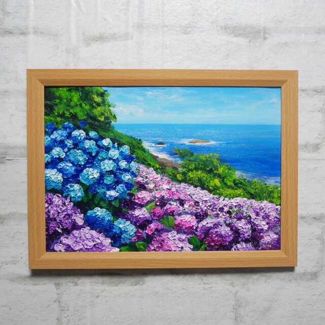 油絵【海と空と桃源郷岬の紫陽花】 | iichi 日々の暮らしを心地よく
