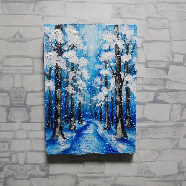 油絵 原画 油彩画 絵画 「白銀の森の小道」 冬 景色 風景画 インテリア