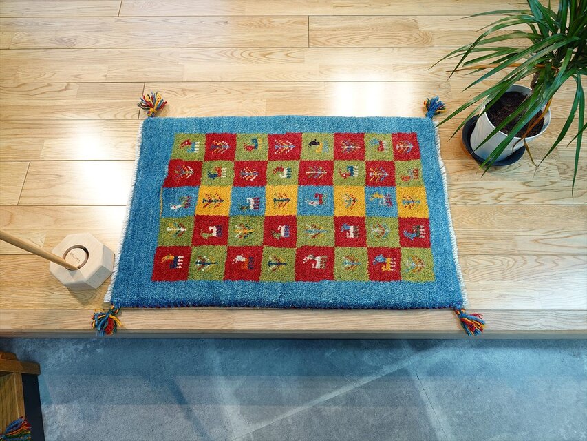 ペルシャ ギャッベ 玄関マット ラグ 78x58cm 青色 パネル柄 生命の木