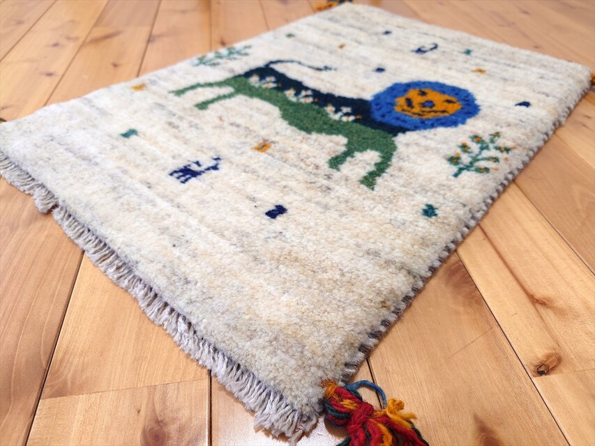ペルシャ ギャッベ 玄関マット小 ラグ 58x40cm ライオン 生命の木