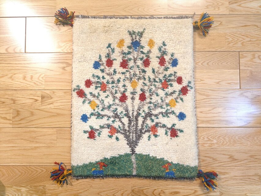 ペルシャ ギャッベ 玄関マット小 ラグ 53x41cm 風景 ザクロの木