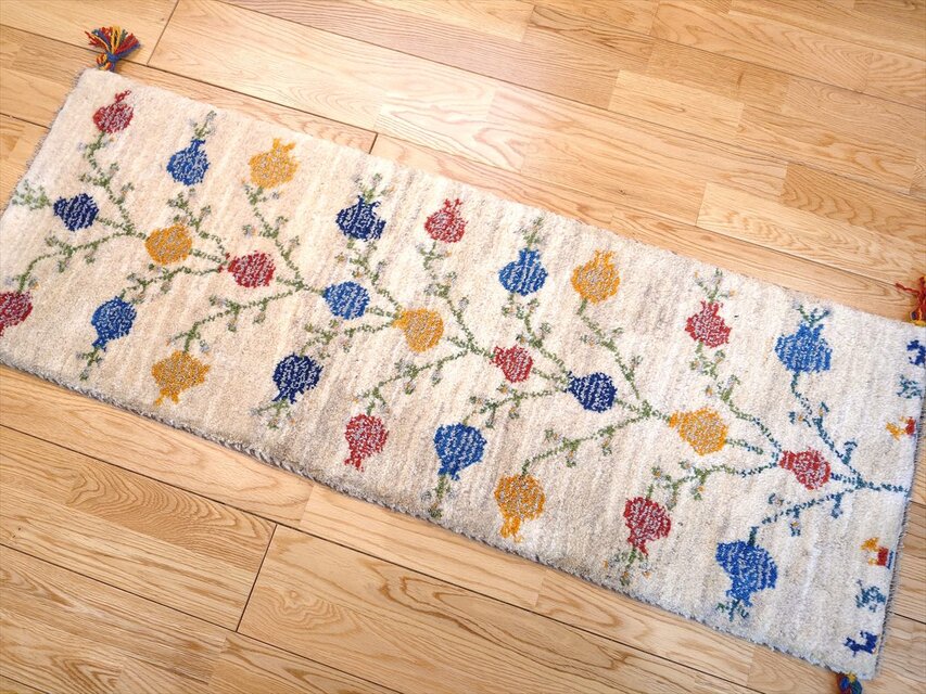 ペルシャ ギャッベ ミニランナー ラグ 120x42cm グレー 色とりどりの