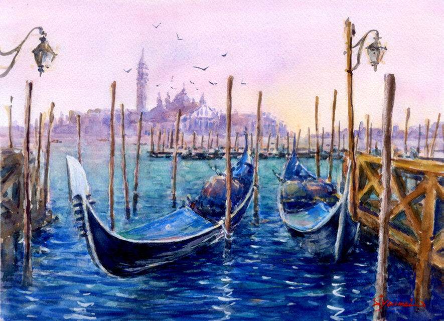 水彩画原画 ヴェネツィア風景・ゴンドラ ＃572 | iichi 日々の暮らしを