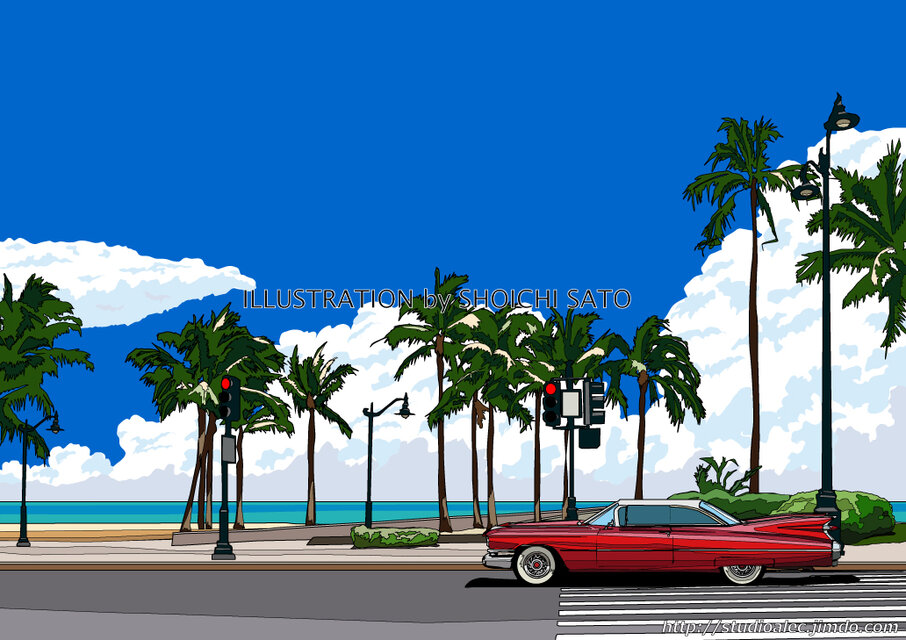 版画作品 南国イラスト「常夏Beach-Street」 海岸線を走るキャデラック
