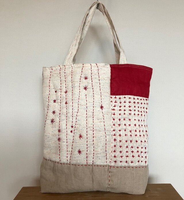 キバタ・麻 パッチワーク刺し子かばん あか | iichi 日々の暮らしを