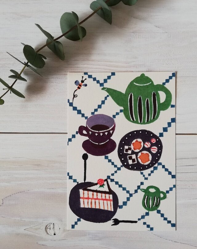 ポストカード2枚セット・型染め「Tea time」 | iichi 日々の暮らしを