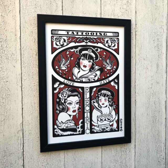 尾九 タトゥーアート ピンナップガール A4サイズ フレーム付き | iichi