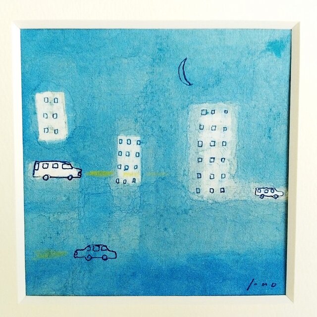 都会の夜」原画 ※木製額縁入り（18㎝角）一点物 水彩 イラスト