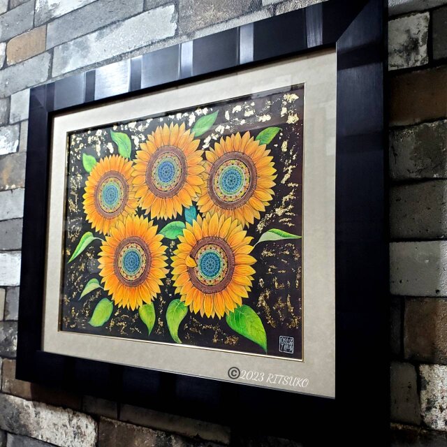 原画 1点もの 肉筆 向日葵 ひまわり ヒマワリ 額装付き ボールペン画
