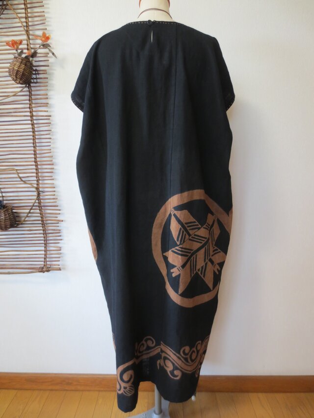 古布リメイク 麻ワンピース 柿渋染 刺し子 着物リメイク ゆったり