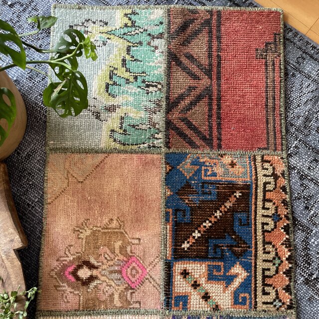 トルコヴィンテージラグ パッチワークラグ 46×87 グリーンブラウン