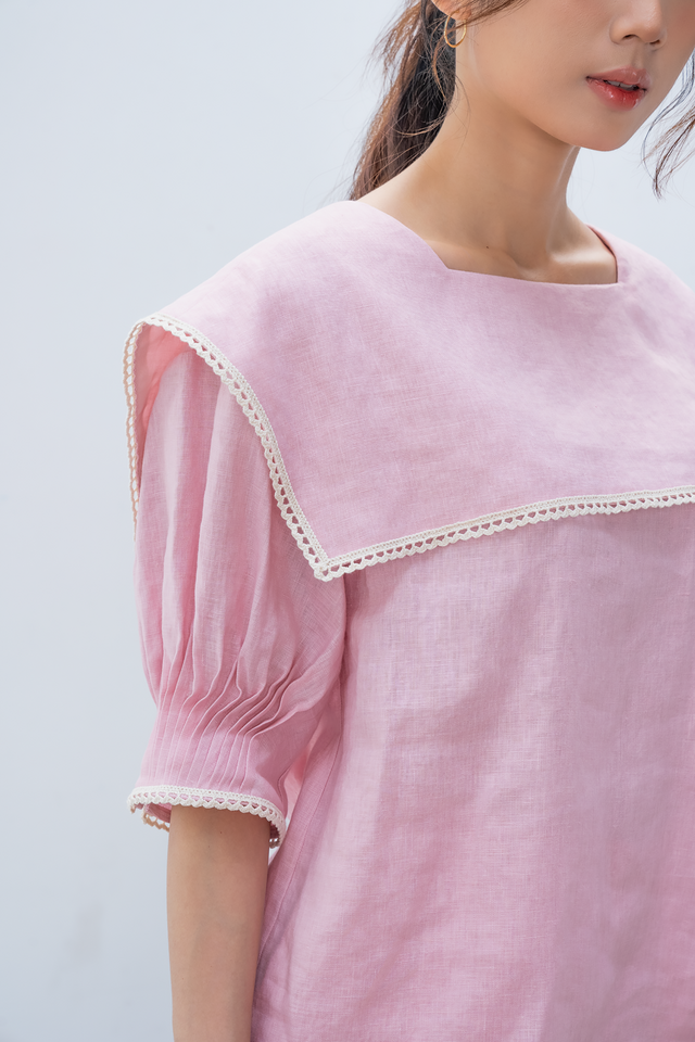 セーラーカラーブラウス with コットンのスカラップトリム ～リネン100