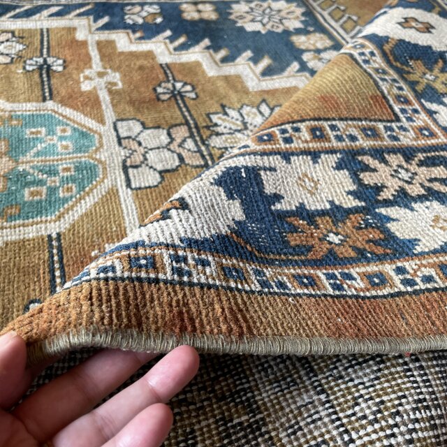 トルコヴィンテージラグ ブラウン×ネイビー メダリオン 196×126 秋色