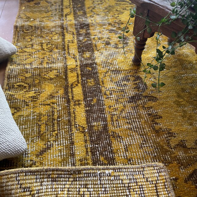 トルコヴィンテージラグ 51×99 ひまわりイエロー ブラウン ボタニカル