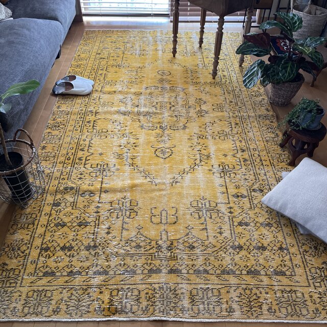 140.5×256 大判 イエローオレンジオーバーダイ トルコヴィンテージラグ