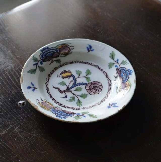 18世紀 白釉 花絵皿 平皿 リム皿 φ22.4cm オランダ デルフト 可能性