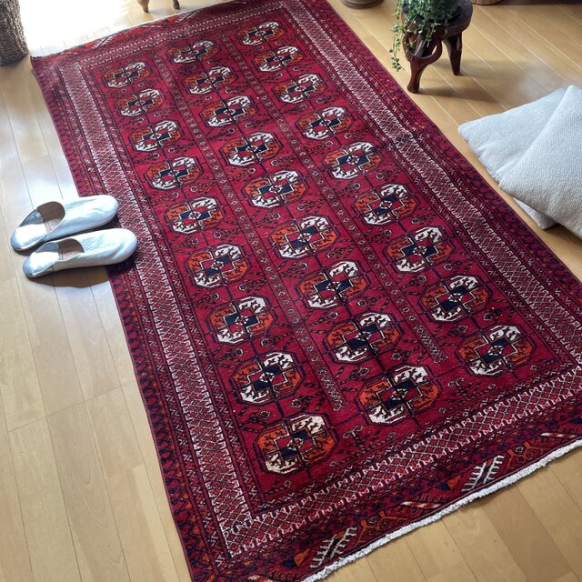 96×176 こっくり赤 上質ウール トライバルラグ トルコヴィンテージラグ