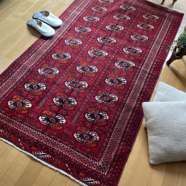 96×176 こっくり赤 上質ウール トライバルラグ トルコヴィンテージラグ