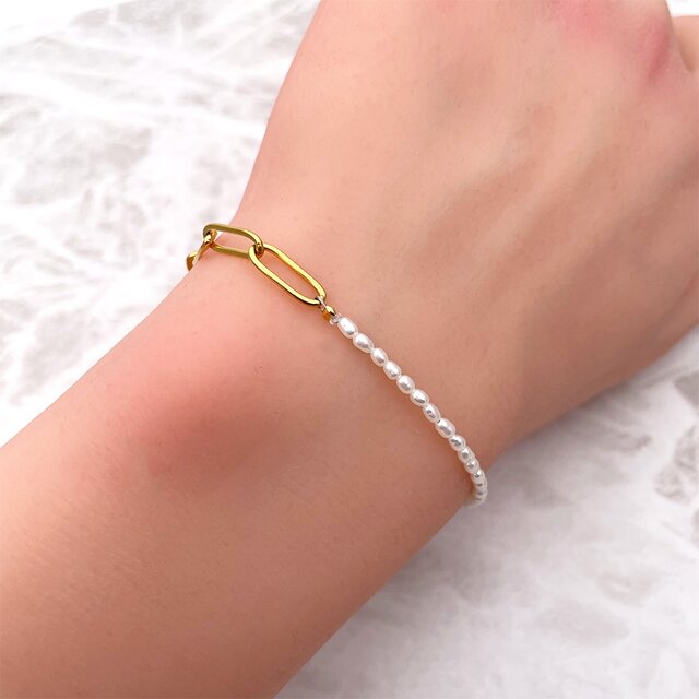 極小バロック淡水パール 18KGP マンテル ブレスレット 真珠 316L 金属