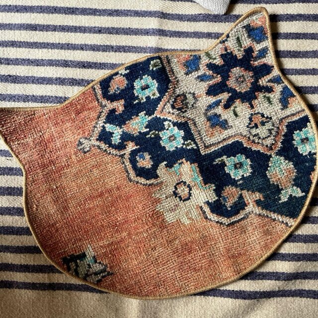 猫ラグ 40×50 夕焼けオレンジ ネイビー トルコヴィンテージラグ
