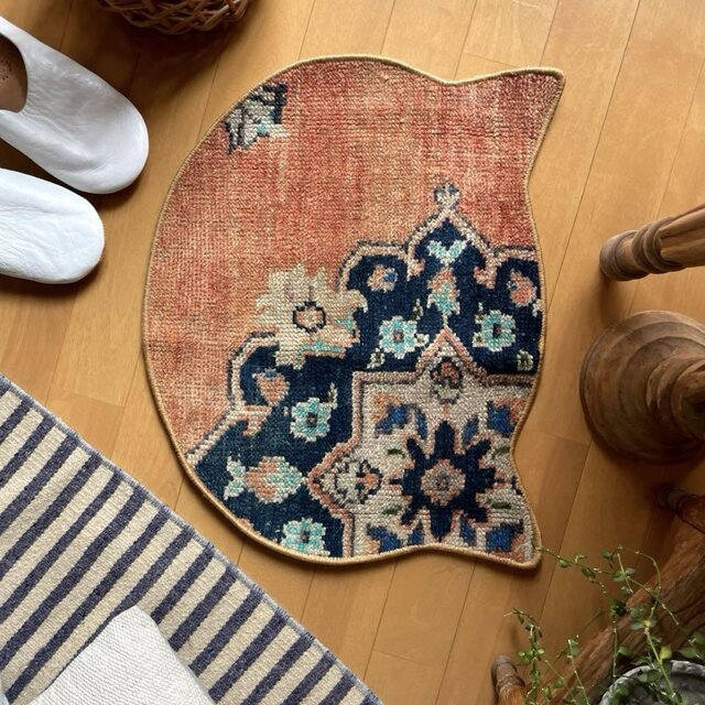 猫ラグ 40×50 夕焼けオレンジ ネイビー トルコヴィンテージラグ