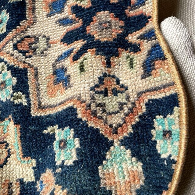 猫ラグ 40×50 夕焼けオレンジ ネイビー トルコヴィンテージラグ