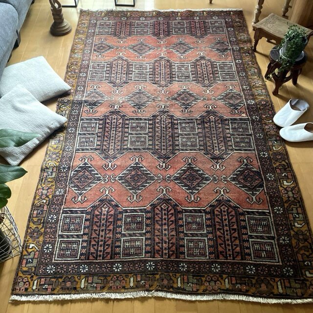 117.5×200 トライバルラグ くすみ赤茶夕焼け トルコヴィンテージラグ