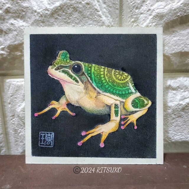 原画 1点もの カエル 蛙 額装付き ボールペン画 日本人作家 色鉛筆画