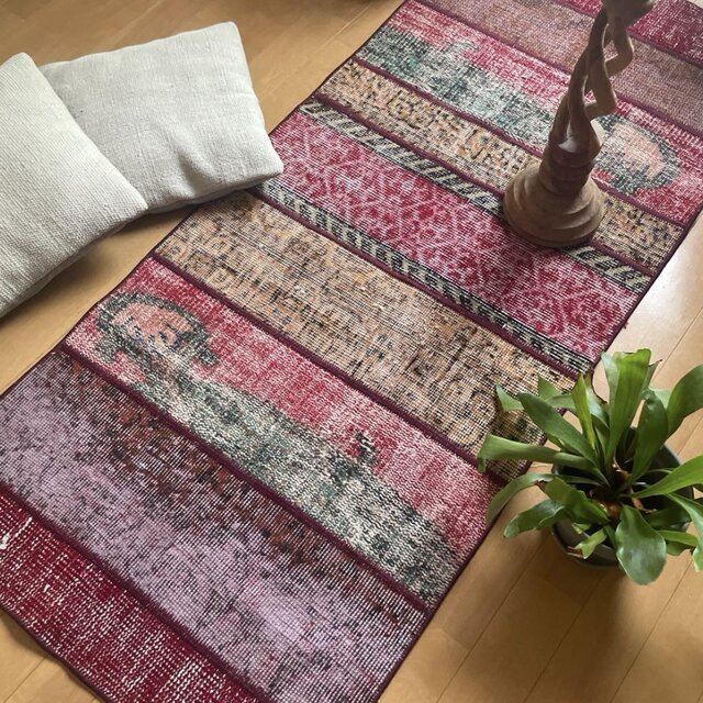 62.5×142 パッチワークラグ ボルドーステッチ トルコヴィンテージラグ