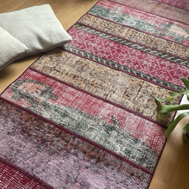 62.5×142 パッチワークラグ ボルドーステッチ トルコヴィンテージラグ