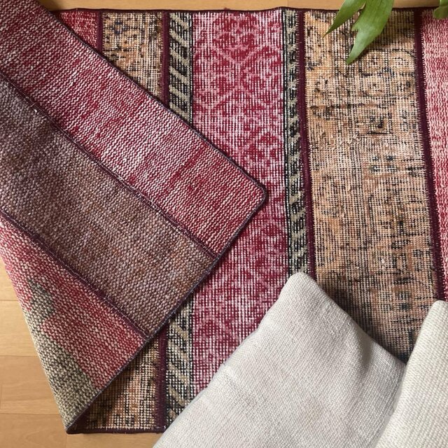 62.5×142 パッチワークラグ ボルドーステッチ トルコヴィンテージラグ