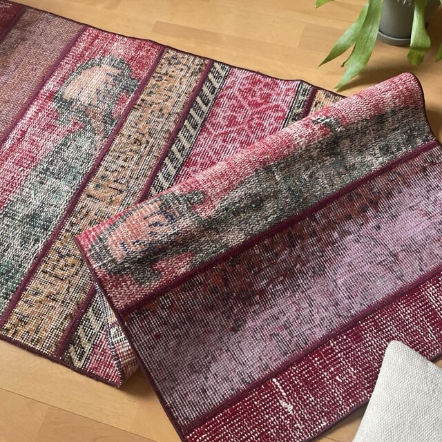 62.5×142 パッチワークラグ ボルドーステッチ トルコヴィンテージラグ