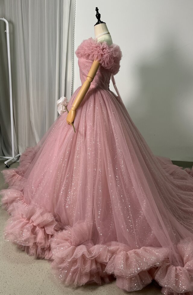 憧れのドレス ピンク カラードレス オフショルダー キラキラチュール