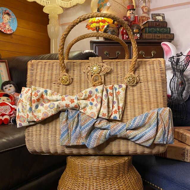 和洋折衷 着物 籠 かごバッグ ハイカラおりぼん レトロボタン リメイク