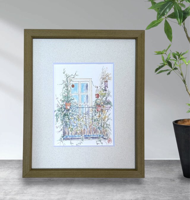楽しい窓辺（水彩画、原画、額付き） | iichi 日々の暮らしを心地よく