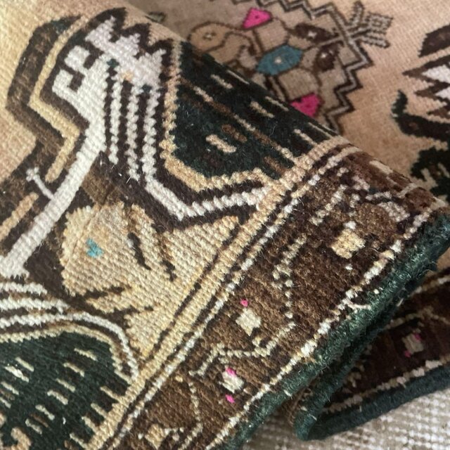 50×97淡いキャメル グリーン メダリオン トルコヴィンテージラグ