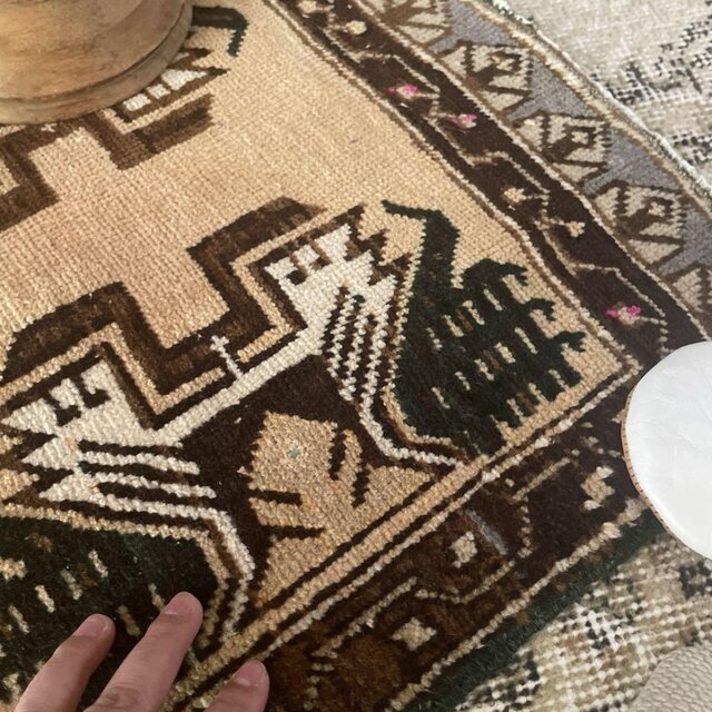 50×97淡いキャメル グリーン メダリオン トルコヴィンテージラグ