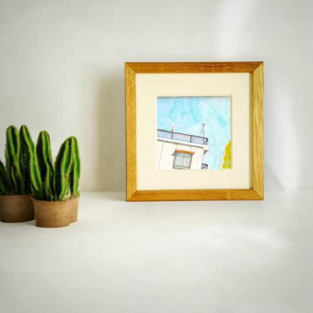 飛行機雲」原画 ※木製額縁入り（18㎝角）一点物 水彩 イラスト