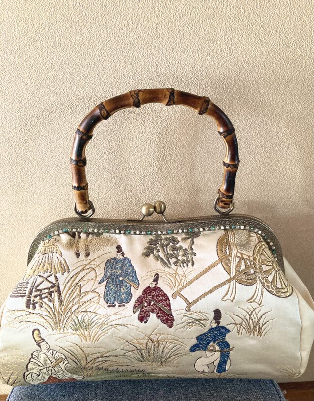 ☆バンブーがま口バッグ 焼きバンブー持ち手 平安貴人柄・2☆ | iichi