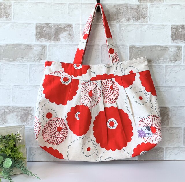 Lサイズ】ダリア柄 綿麻グラニーバッグ ブルー ＜A4サイズ入ります