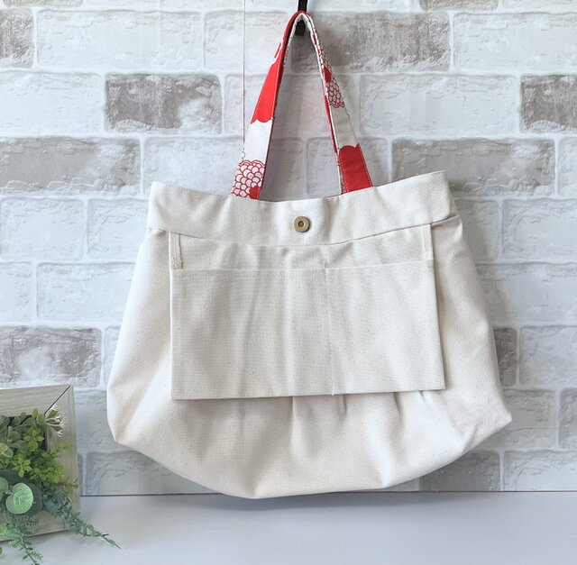 Lサイズ】ダリア柄 綿麻グラニーバッグ ブルー ＜A4サイズ入ります